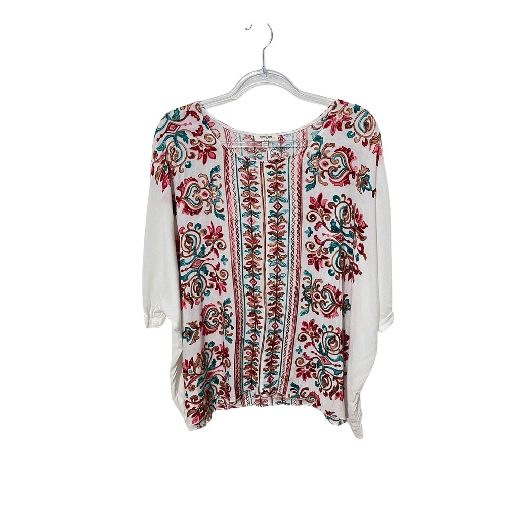 Umgee Embroidered Blouse Womens S/M Oversized White Floral Boho Dolman G1704
